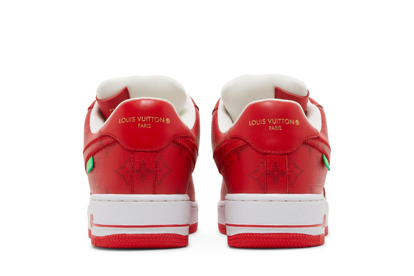 Give a description for a Nike Air Force 1 Low X Louis Vuitton By Virgil Abloh White Red