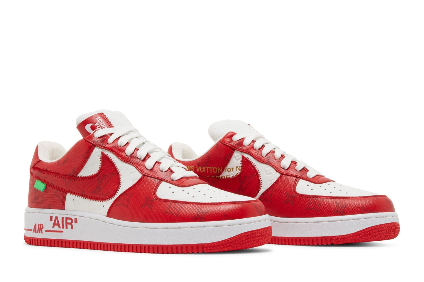 Give a description for a Nike Air Force 1 Low X Louis Vuitton By Virgil Abloh White Red